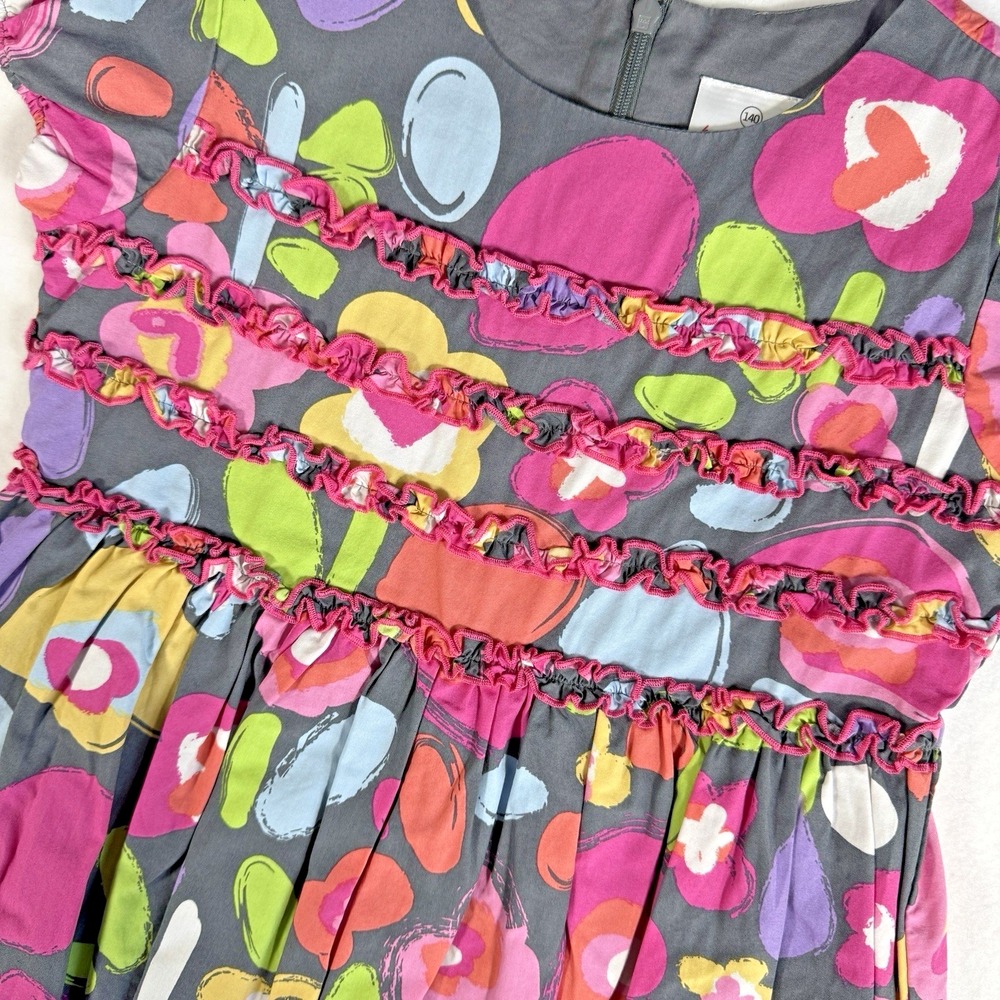 Hanna Andersson Ruffle Tiered Floral Dress Girls 140/10 Gray Multi Color Lined